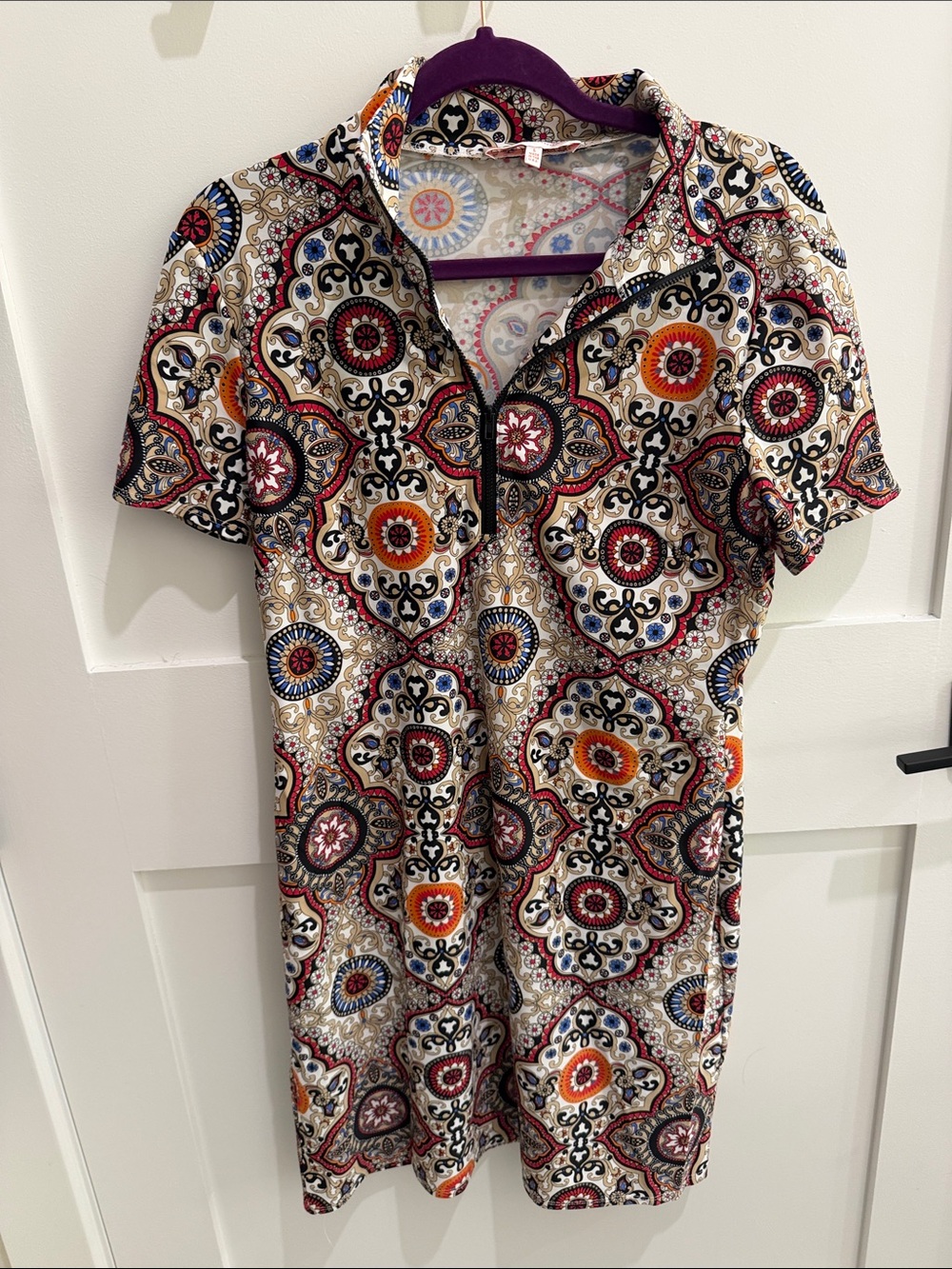 Jude Connally Beige Paisley Medallion Short Sleeve Dress with Multicolor Accents